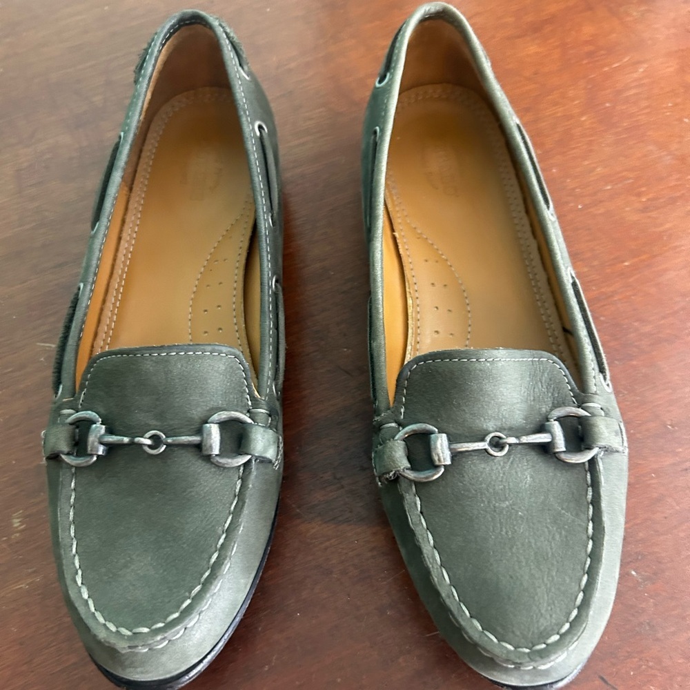 Sebago Darling Link OK Grey Green Horsebit Leather Women's Loafers 8 Old Money